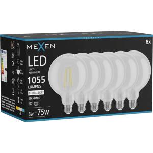 Mexen Vintis 6x LED филаментна крушка E27, G125, 8W, Неутрална - 4000K, 1055 lm, прозрачна (L158-E27-0840-00x06)