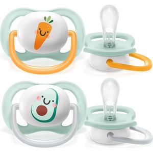 Philips Залъгалки Philips Avent - Ultra Air Happy, с декорация Морков и авокадо с кутия за стерилизиране, 0-6 m, 2 броя (00A.0523.003-b)