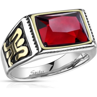 Šperky Eshop Ocelový prsten ve stříbrném provedení s červeným křišťálem ornament na boku černá glazura AB39.05