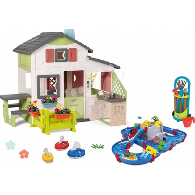 Smoby Set domček Priateľov s predzáhradkou a vodná dráha s jaskyňou Friends House Life rozšíriteľný s plachetnicami a vozík s náradím na záhradu a kuchynka