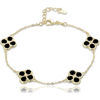 MINET Pozlacený stříbrný náramek čtyřlístky s černou perletí JMAS7058XB20