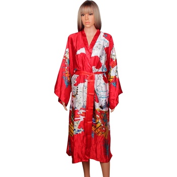 Дамски сатенен халат в червено с японски мотиви