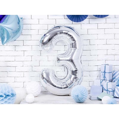 PartyDeco Fóliový balón číslo 3 strieborný 86 cm