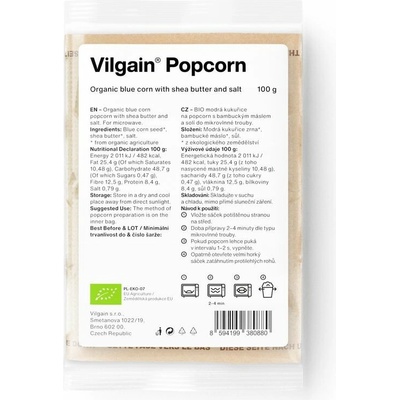 Vilgain Popcorn do mikrovlnky BIO solený z modré kukuřice 100 g
