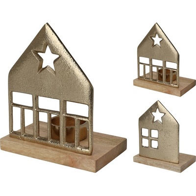 Svícen hliník 130x80x190/150x802x160mm na čajovou svíčku domky mix, zlatá, přírodní