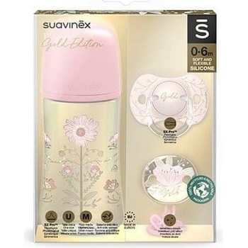 Suavinex Gold kojenecká láhev Gold set láhev 270ml + dudlík fyziologický + klip gold růžová