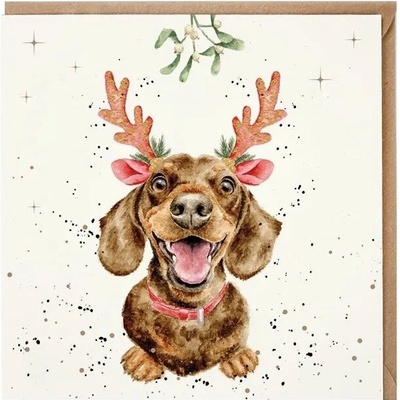 Přání Wrendale Designs "Mistletoe and Barks", 15x15 cm - Vánoční jezevčík