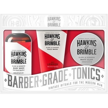 Hawkins & Brimble Men sprchový gél 250 ml + zmatňujúci pomáda na vlasy 100 ml + umývací gél na tvár 150 ml darčeková sada