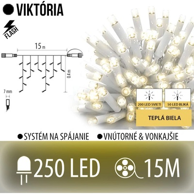 Viktória led svetelná záclona vonkajšia flash 250led 15m teplá biela flash prebliknutie teplá biela biely kábel