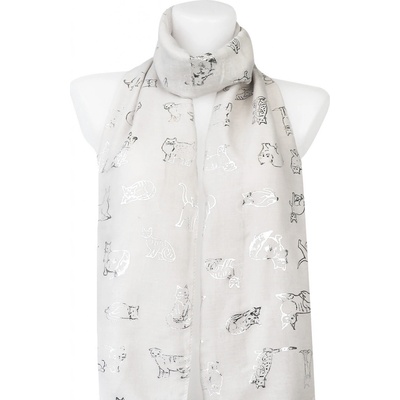 Biju dámský lehký obdélníkový šál 345-8 se stříbrným potiskem koček bílé barvy 7200648-7 – Zboží Mobilmania