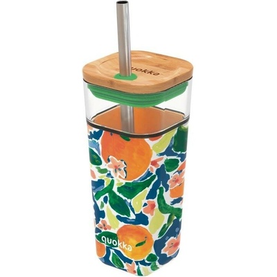 QUOKKA Cube Oranges sklenený pohár so silikónovým povrchom s bambusovým uzáverom a nerezovou slamkou 540 ml