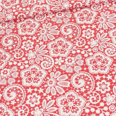 Bavlněné plátno 213599-09, krajkový vzor na červené, š.150cm (látka v metráži)