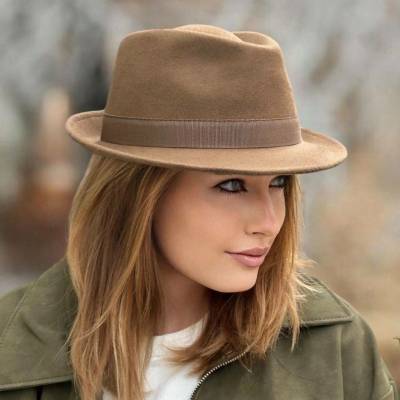 Krumlovanka klasický trilby klobouk vlněný hnědý s hnědou stuhou P-970/HNED