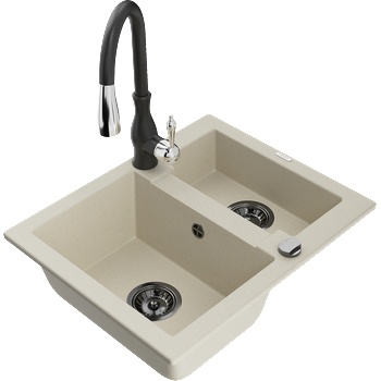 Mexen Carlos гранитна мивка с 1, 5 чаши с кухненски смесител Savita, бежов (6518-69-672601-70)