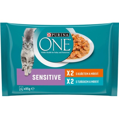 Purina One Sensitive minifiletky s kuřetem a mrkví s tuňákem a mrkví ve šťávě 4 x 85 g