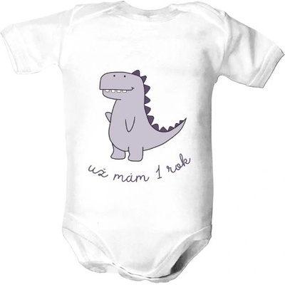 Dětské body s potiskem Už mám rok Dinosaur dětské Bílá