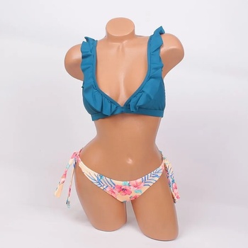 Image 1 of Бански в петролен и бледооранжев цвят с къдри и цветя - чашка В