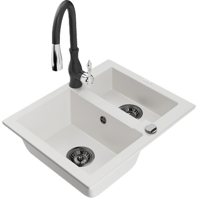 Mexen Carlos гранитна мивка с 1, 5 камери и кухненски смесител Savita, бял - 6518-20-672601-70 (6518-20-672601-70)