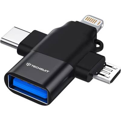 Techsuit - Премиум OTG адаптер SoundVoltX (A17) - 4в1, USB към Micro-USB + Type-C + Lightning, Plug and Play - Черен