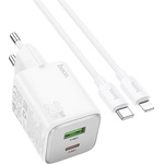 hoco. N41 Променливотоково зарядно устройство USB+Type-C гнездо 20W, бързо зарядно PD 3.0 + Lightning кабел, БЯЛО N41_LIGHTNING_W (N41_LIGHTNING_W)