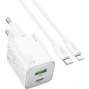 hoco. N41 Променливотоково зарядно устройство USB+Type-C гнездо 20W, бързо зарядно PD 3.0 + Lightning кабел, БЯЛО N41_LIGHTNING_W (N41_LIGHTNING_W)