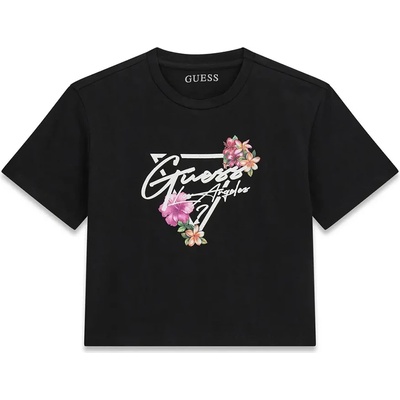 GUESS Къса тениска в черен цвят за момиче с бяло лого Guess и цветя