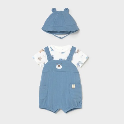 Mayoral Къс гащеризон в синьо и бяло с мечета и шапка за новородено момче Mayoral