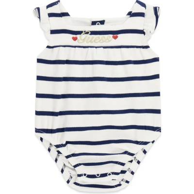 Guess Боди за новородено момиче в тъмно синьо и бяло райе със златен бродиран надпис Guess