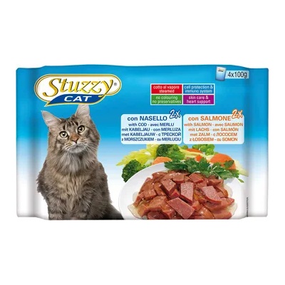 Stuzzy cat Salmon - Пауч за израснали котки с риба треска и сьомга, 8 х 100 гр