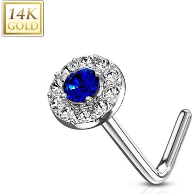 Šperky eshop zahnutý piercing do nosu z bílého zlata tmavomodrý zirkon lemovaný zirkony S1GG220.18