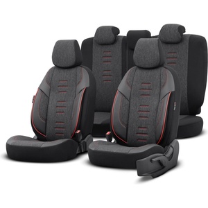  Комплект Луксозна Тапицерия OTOM текстил с еко кожа THRONE Design - Черна с червен шев, за Предни и Задни Седалки