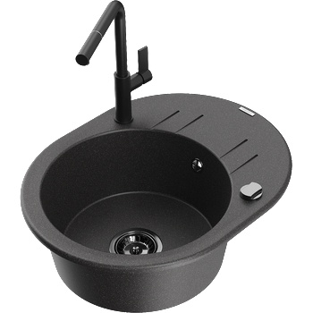 Mexen Kevin гранитна мивка с 1 камера и отцедник и кухненски смесител Flora, черен на точки - 6517-76-670401-70-B (6517-76-670401-70-B)