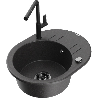 Mexen Kevin гранитна мивка с 1 камера и отцедник и кухненски смесител Flora, черен на точки - 6517-76-670401-70-B (6517-76-670401-70-B)