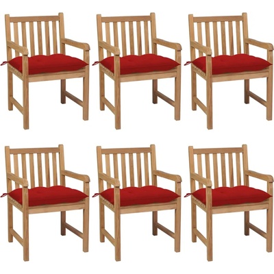 vidaXL Градински столове, 6 бр, червени възглавници, тик масив (3073052)