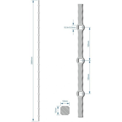 Probíjená tyč H 2000 mm opískovaná, zdobený profil 12x12 mm, rozteč děr 120 mm, na jedné tyči je 16x oko 12,5x12,5 mm