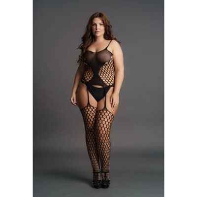Sieťovaný podväzkový bodystocking - Plus veľkosť