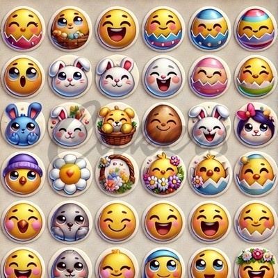 Sugar Steamp Pusinky předtištěné předlohy Velikonoce Předtištěný arch č.3 Emoji 1, pr 1,7 cm