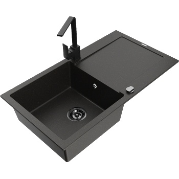 Mexen Leo гранитна мивка с 1 корито с отцедник и кухненски смесител Rita, черно/златист металик - 6501-75-670300-70-B (6501-75-670300-70-B)