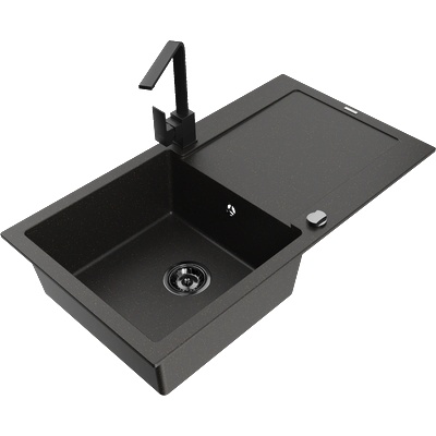 Mexen Leo гранитна мивка с 1 корито с отцедник и кухненски смесител Rita, черно/златист металик - 6501-75-670300-70-B (6501-75-670300-70-B)