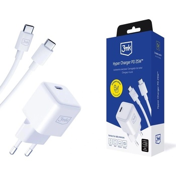 3mk Protection Hyper PD GaN Fast Wall Charger 25W - захранване за ел. мрежа с USB-C изход с технология за бързо зареждане и USB-C към USB-C кабел (бял)