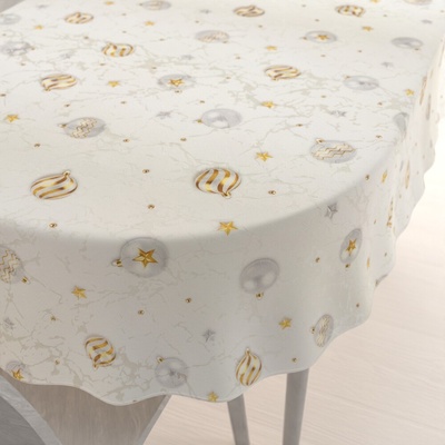 Biante vianočný oválny obrus Parma PM-138 Strieborno-zlaté vianočné banky na strieborno-krémovom 120x160 cm