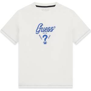 GUESS Бяла тениска за момче с оранжев бродиран надпис Guess и сини детайли