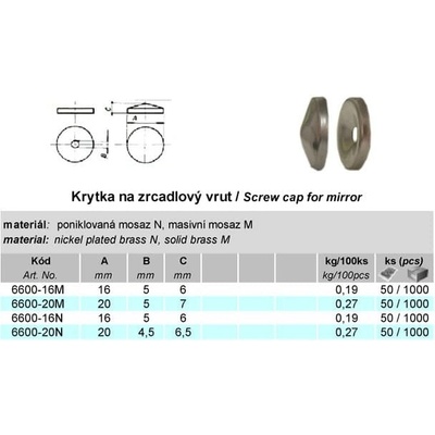 Krytka na zrcadlový vrut, 16mm, Ms