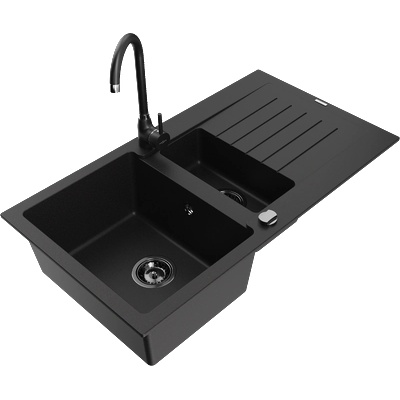 Mexen Matias гранитна мивка 1, 5-камерна с отцедник и кухненски смесител Telma, черен - 6502-77-670200-70-B (6502-77-670200-70-B)