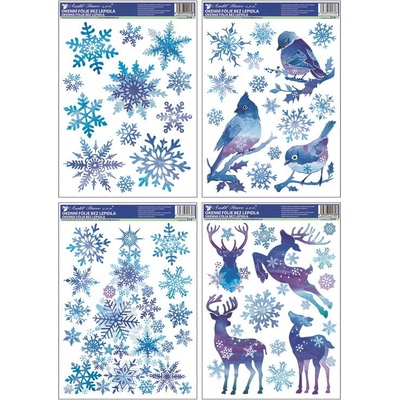 Okenní fólie ptáčci s vločkami a stromek z vloček modrý s glitry 37x29 cm