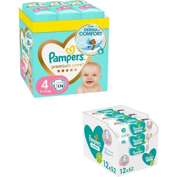 Pampers Бебешки пелени Pampers Premium Care - XXL, размер 4, 174 броя + мокри кърпички Sensitive, 12 x 52 броя (TYBB0104671N)