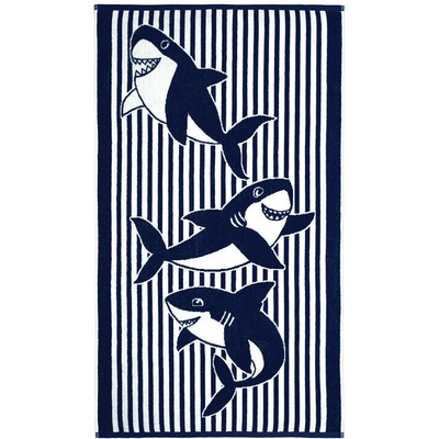 SCANquilt plážová osuška VELUR žraloci modrobílá 70 x 125 cm