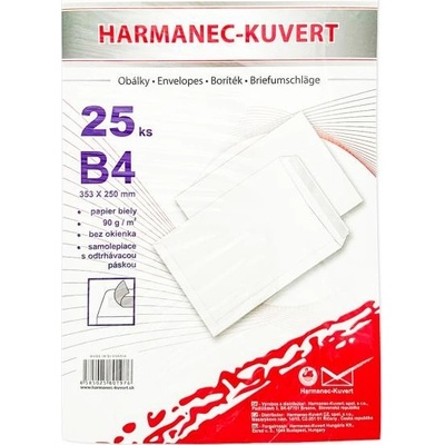 Harmanec-Kuvert Poštové obálky B4 s páskou, biele, 25 ks 90g