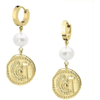 Manoki Perlové náušnice Eudora Gold starožitná mince sladkovodní perla KA216G zlatá Bílá