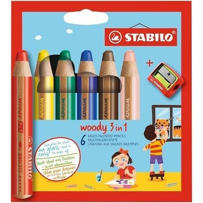STABILO Barevná pastelka Woody 3v1 DUO pastelka vodovka voskovka 6ks + ořezávátko